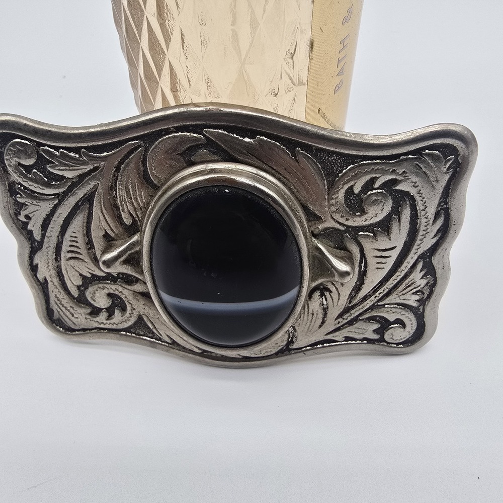 Centerpiece Black Banded‎  Cabochon Silver Tone Western Framed Belt Buckle - Picture 3 of 6